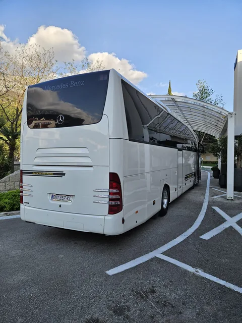 Rear three-quarter view of a white touring coach