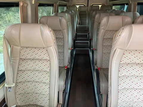 Rows of beige upholstered coach seats
